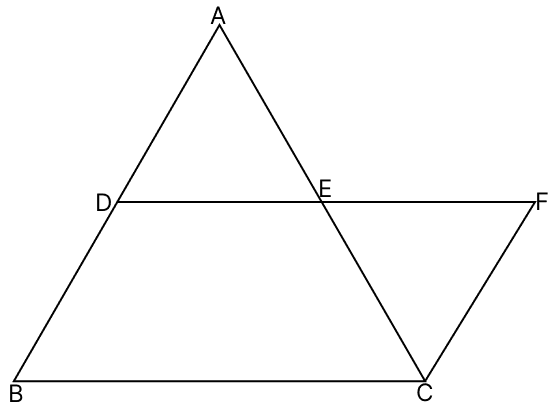 D and E are the mid-points of the sides AB and AC respectively of △ABC. DE is produced to F. To show that CF is equal and parallel to DA, we need an additional information, which is. R.S. Aggarwal Mathematics Solutions ICSE Class 9.