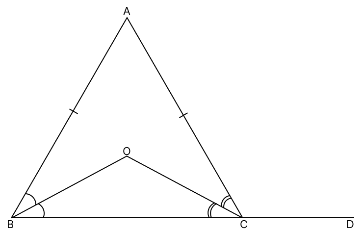 In the given figure, AB = AC. If BO and CO, the bisectors of ∠B and ∠C respectively meet at O and BC is produced to D, prove that ∠BOC = ∠ACD. R.S. Aggarwal Mathematics Solutions ICSE Class 9.