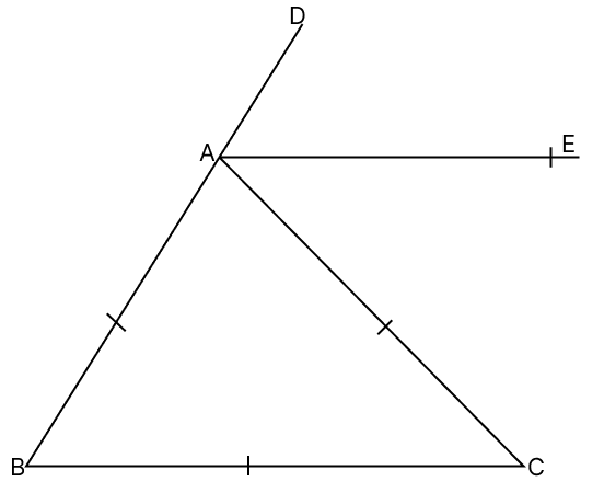 In the given figure, AB = AC and side BA has been produced to D. If AE is the bisector of ∠CAD, prove that AE || BC. R.S. Aggarwal Mathematics Solutions ICSE Class 9.