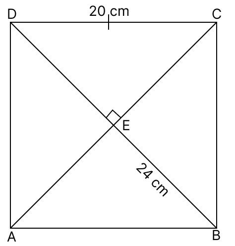 Find the area of a rhombus one side of which measures 20 cm and the one of whose diagonals is 24 cm. ARC Properties of Circle, R.S. Aggarwal Mathematics Solutions ICSE Class 9.