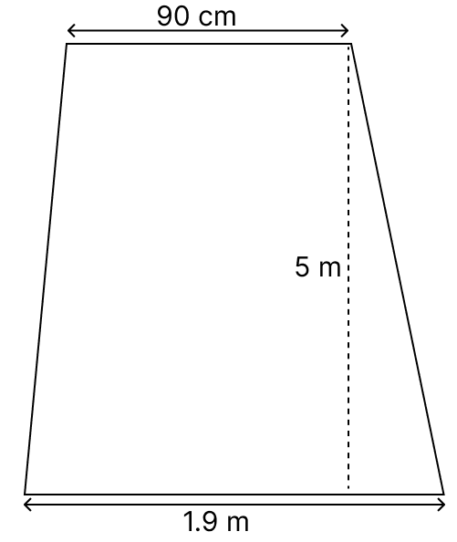 The adjoining figure shows the cross-section of a concrete wall to be constructed. It is 1.9 m wide at the bottom, 90 cm wide at the top and 5 m high. If its length is 20 m, find. Volume and Surface Area of Solids, R.S. Aggarwal Mathematics Solutions ICSE Class 9.