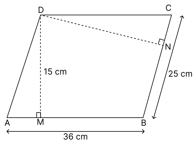 Two adjacent sides of a parallelogram are 36 cm and 25 cm. If the distance between longer sides is 15 cm, find the distance between the shorter sides. ARC Properties of Circle, R.S. Aggarwal Mathematics Solutions ICSE Class 9.