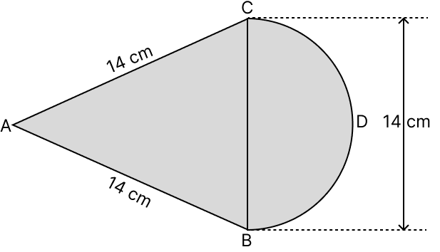 In an equilateral △ABC of side 14 cm, side BC is the diameter of a semi-circle as shown in the figure. Find the area of the shaded region. Circumference & Area of a Circle, R.S. Aggarwal Mathematics Solutions ICSE Class 9.