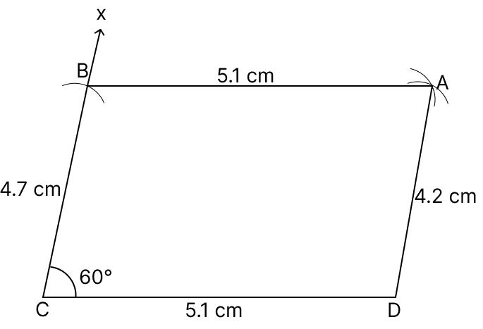 Construct a quadrilateral ABCD in which AB = CD = 5.1 cm, BC = 4.7 cm, DA = 4.2 cm and ∠BCD = 60°. Quadrilaterals, R.S. Aggarwal Mathematics Solutions ICSE Class 9.