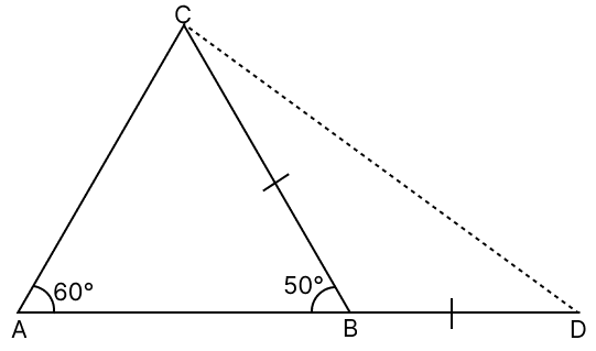 In the given figure, side AB of △ABC is produced to D such that BD = BC. If ∠A = 60° and ∠B = 50°, prove that : R.S. Aggarwal Mathematics Solutions ICSE Class 9.