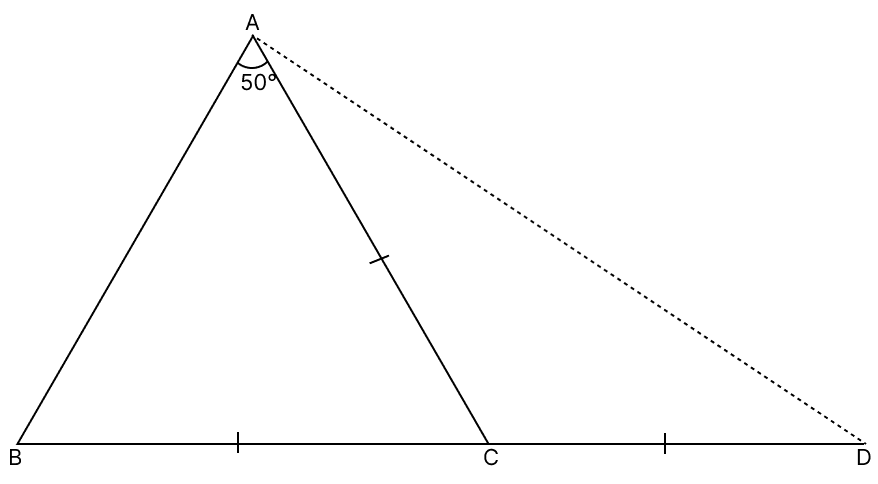 ABC is a triangle in which AC = BC and ∠BAC = 50°. Side BC is produced to D such that BC = CD. ∠BAD is equal to : R.S. Aggarwal Mathematics Solutions ICSE Class 9.