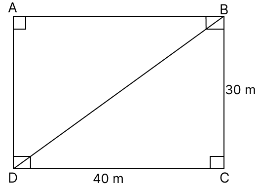 A rectangular field is 40 m long and 30 m broad. Find the length of its diagonal. Pythagoras Theorem, R.S. Aggarwal Mathematics Solutions ICSE Class 9.