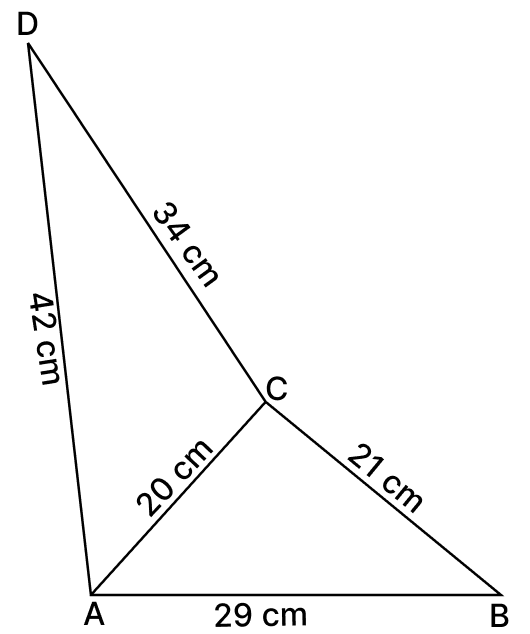 Find the area of quadrilateral ABCD in which AB = 29 cm, BC = 21 cm, AC = 20 cm, CD = 34 cm and DA = 42 cm. ARC Properties of Circle, R.S. Aggarwal Mathematics Solutions ICSE Class 9.