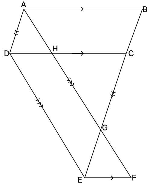 In the given figure, AB ∥ DC ∥ EF, AD ∥ BE and DE ∥ AF. Prove that : ar (∥ gm DEFH) = ar (∥ gm ABCD). Quadrilaterals, R.S. Aggarwal Mathematics Solutions ICSE Class 9.