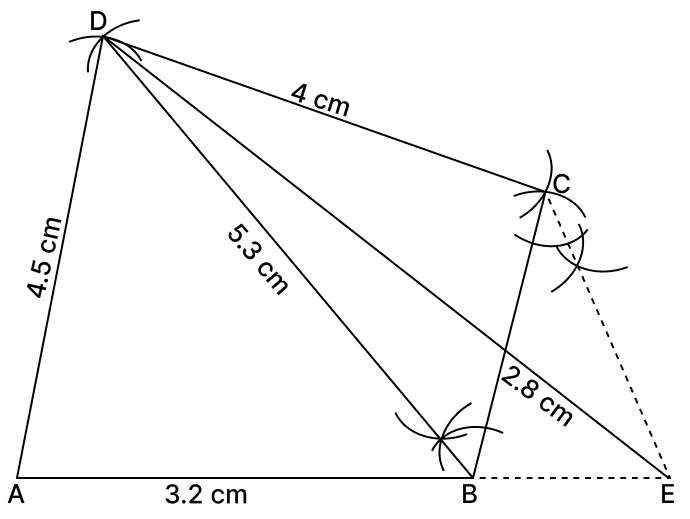 Construct a quadrilateral ABCD in which AB = 3.2 cm, BC = 2.8 cm, CD = 4 cm, DA = 4.5 cm and BD = 5.3 cm. Also construct a triangle equal in area to this quadrilateral. Quadrilaterals, R.S. Aggarwal Mathematics Solutions ICSE Class 9.