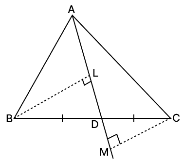 In the given figure, median AD of △ABC is produced. If BL and CM are perpendiculars drawn on AD and AD produced, prove that BL = CM. R.S. Aggarwal Mathematics Solutions ICSE Class 9.