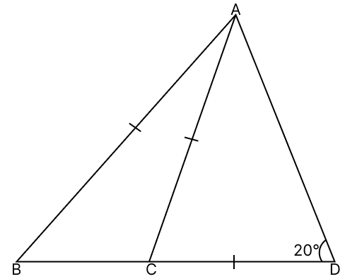ABD is a triangle such that ∠ADB = 20° and C is a point on BD such that AB = AC and CD = CA. The measure of ∠ABC : R.S. Aggarwal Mathematics Solutions ICSE Class 9.