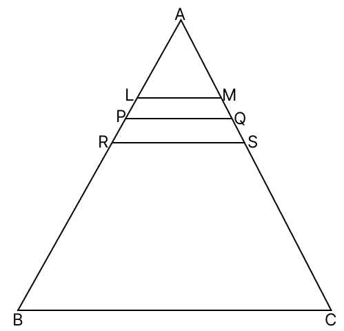In the figure, R is the mid-point of AB, P is the mid-point of AR and L is the mid-point of AP. If RS, PQ and LM are parallel to each other, then the length of BC is. R.S. Aggarwal Mathematics Solutions ICSE Class 9.