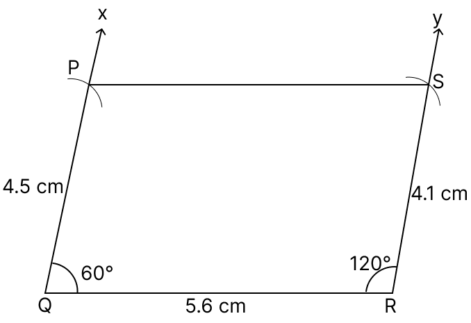 Construct a quadrilateral PQRS in which PQ = 4.5 cm, QR = 5.6 cm, RS = 4.1 cm, ∠Q = 60° and ∠R = 120°. Quadrilaterals, R.S. Aggarwal Mathematics Solutions ICSE Class 9.