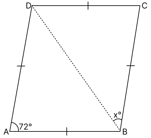In the given figure, ABCD is a rhombus in which ∠A = 72°. If ∠CBD = x°, find the value of x. Quadrilaterals, R.S. Aggarwal Mathematics Solutions ICSE Class 9.