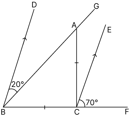 In the given figure, BD || CE; AC = BC, ∠ABD = 20° and ∠ECF = 70°. Find ∠GAC. R.S. Aggarwal Mathematics Solutions ICSE Class 9.