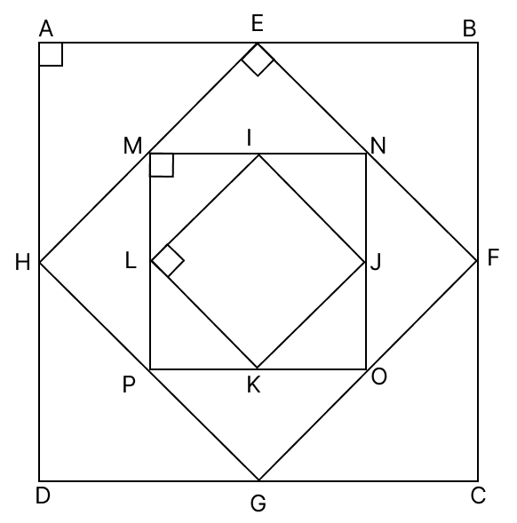 The diagram shows a nest of 4 squares set one within another. The side of the outer most square is 20 cm. The midpoints of the sides are joined to give a second square, and the process is repeated to give the third and fourth squares. Find the length of a side of the smallest square.Pythagoras Theorem, R.S. Aggarwal Mathematics Solutions ICSE Class 9.