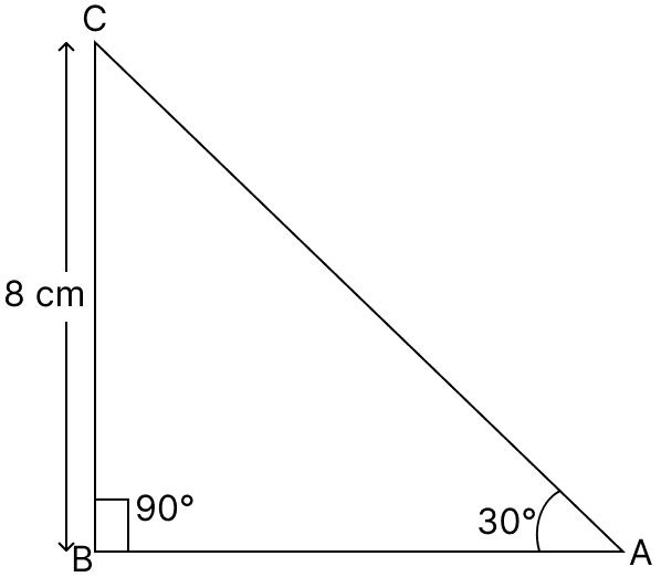 In a △ABC, right angled at B, if ∠A = 30&deg; and BC = 8 cm, find the remaining angles and sides. Trigonometrical Ratios, R.S. Aggarwal Mathematics Solutions ICSE Class 9.