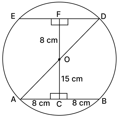 A chord of length 16 cm is at a distance of 15 cm from centre of the circle. Find the length of chord of same circle which is at 8 cm away from circle. Chord Properties of a Circle, R.S. Aggarwal Mathematics Solutions ICSE Class 9.