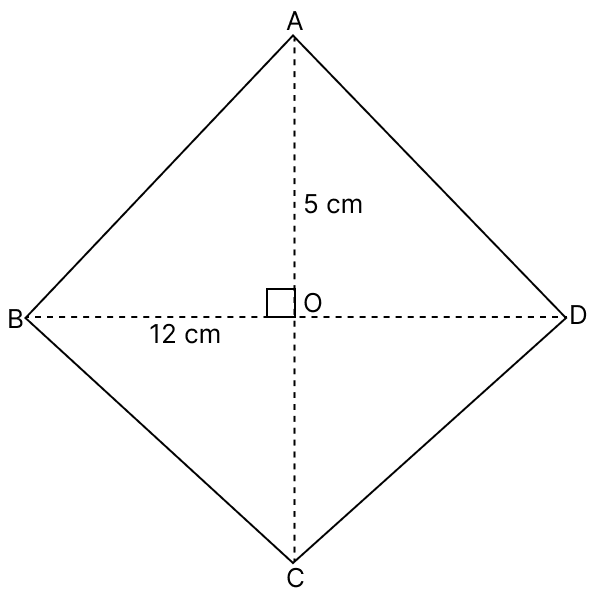 The lengths of the diagonals of a rhombus are 5 cm and 12 cm. The length of each side of the rhombus is: Pythagoras Theorem, R.S. Aggarwal Mathematics Solutions ICSE Class 9.