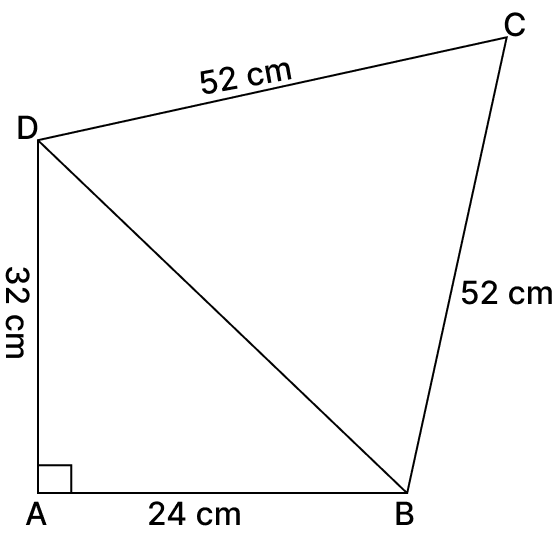 Calculate the area of quadrilateral ABCD in which AB = 24 cm, AD = 32 cm, ∠BAD = 90. ARC Properties of Circle, R.S. Aggarwal Mathematics Solutions ICSE Class 9.