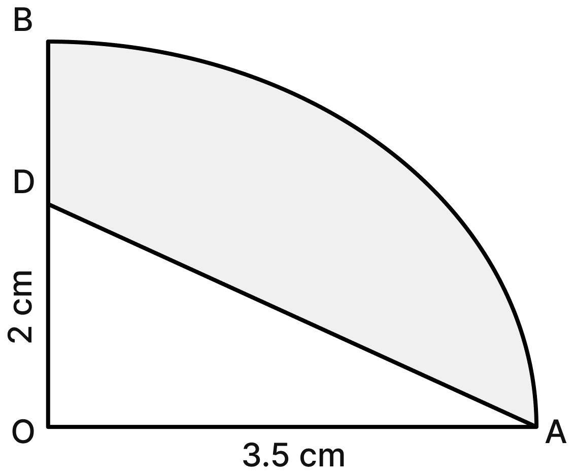 In the figure alongside, OAB is a quadrant of a circle. The radius OA = 3.5 cm and OD = 2 cm. Calculate the area of the shaded portion. ( pi = 22/7 ). Model Test Paper 2, R.S. Aggarwal Mathematics Solutions ICSE Class 9.