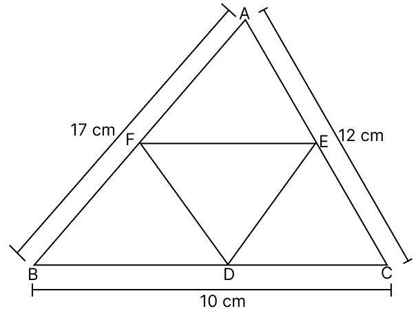 D, E and F are respectively the mid-points of the sides BC, CA and AB of a ABC. If BC = 10 cm, CA = 12 cm and AB = 17 cm, then the perimeter of the DEF is. R.S. Aggarwal Mathematics Solutions ICSE Class 9.