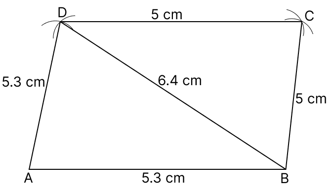 Construct a quadrilateral ABCD in which AB = AD = 5.3 cm, BC = CD = 5 cm and diagonal BD = 6.4 cm. Quadrilaterals, R.S. Aggarwal Mathematics Solutions ICSE Class 9.
