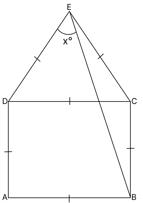 In the adjoining figure, equilateral △ EDC surmounts square ABCD. If ∠DEB = x°, find value of x. Quadrilaterals, R.S. Aggarwal Mathematics Solutions ICSE Class 9.