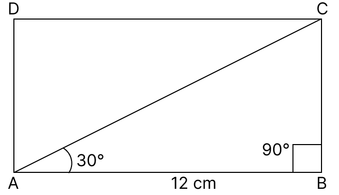 In a rectangle ABCD, AB = 12 cm and ∠BAC = 30. Calculate the lengths of side BC and diagonal AC. Trigonometrical Ratios, R.S. Aggarwal Mathematics Solutions ICSE Class 9.