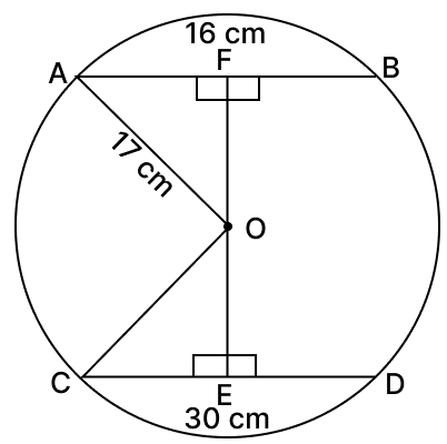 Two parallel chords of lengths of 30 cm and 16 cm are drawn on the opposite sides of the centre of a circle of radius 17 cm. Find the distance between chords. Chord Properties of a Circle, R.S. Aggarwal Mathematics Solutions ICSE Class 9.