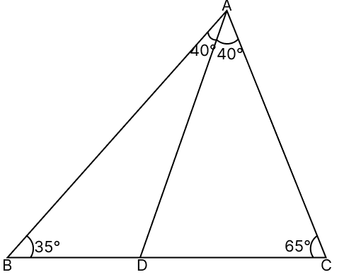 In △ABC, ∠B = 35°, ∠C = 65° and the bisector AD of ∠BAC meets BC at D. Arrange the sides AD, BD and CD in ascending order of their lengths. R.S. Aggarwal Mathematics Solutions ICSE Class 9.