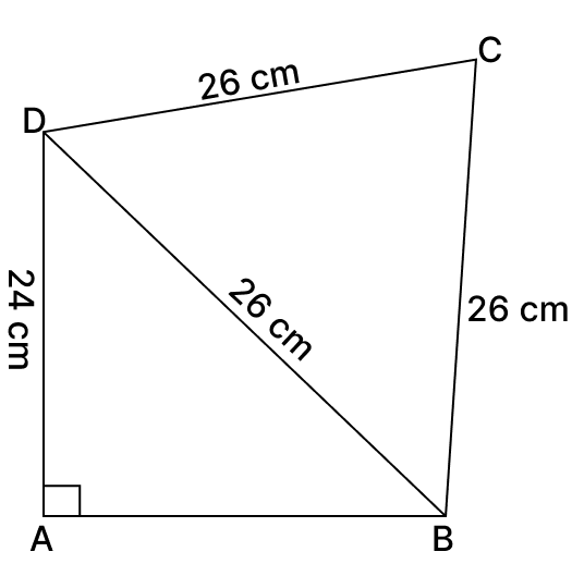 Calculate the area of quadrilateral ABCD in which △BCD is equilateral with each side equal to 26 cm, ∠BAD = 90. ARC Properties of Circle, R.S. Aggarwal Mathematics Solutions ICSE Class 9.