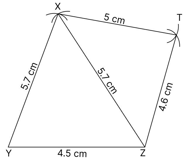 Construct a quadrilateral XYZT in which XY = XZ = 5.7 cm, YZ = 4.5 cm, ZT = 4.6 cm and XT = 5 cm. Quadrilaterals, R.S. Aggarwal Mathematics Solutions ICSE Class 9.