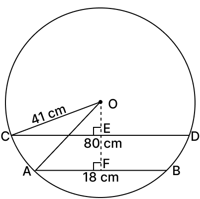 Two parallel chords of lengths 80 cm and 18 cm are drawn on the same side of the centre of a circle of radius 41 cm. Find the distance between the chords. Prove that. Chord Properties of a Circle, R.S. Aggarwal Mathematics Solutions ICSE Class 9.