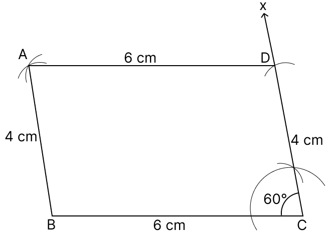 Construct a parallelogram ABCD in which BC = 6 cm, CD = 4 cm and ∠C = 60°. Quadrilaterals, R.S. Aggarwal Mathematics Solutions ICSE Class 9.