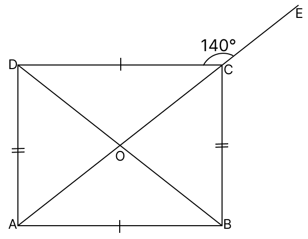 In the given figure, ABCD is a rectangle whose diagonals intersect at O. Diagonal AC is produced to E and ∠ECD = 140°. Find the angles of △ OAB. Quadrilaterals, R.S. Aggarwal Mathematics Solutions ICSE Class 9.