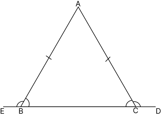 If the base of an isosceles triangle is produced on both sides, prove that the exterior angles so formed are equal to each other. R.S. Aggarwal Mathematics Solutions ICSE Class 9.