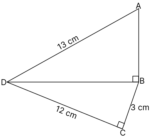 In the given figure, ABCD is a quadrilateral in which BC = 3 cm, AD = 13 cm, DC = 12 cm and ∠ABD = ∠BCD = 90°. Calculate the length of AB. Pythagoras Theorem, R.S. Aggarwal Mathematics Solutions ICSE Class 9.