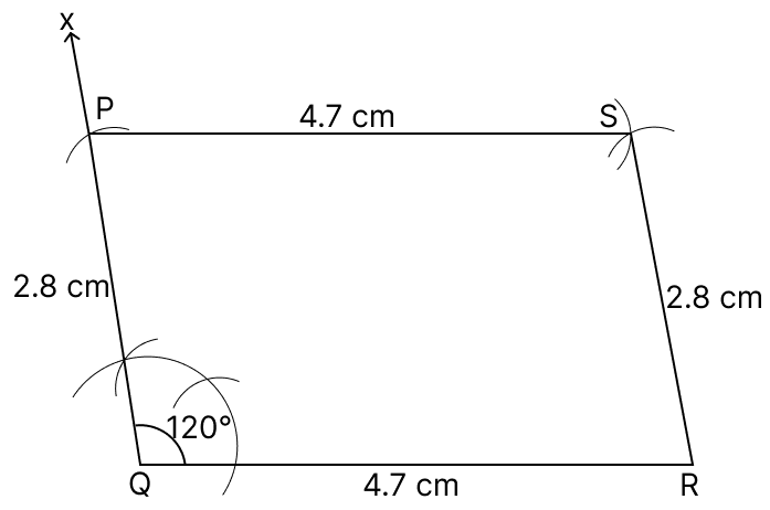 Construct a parallelogram PQRS in which QR = 4.7 cm, ∠Q = 120° and PQ = 2.8 cm. Quadrilaterals, R.S. Aggarwal Mathematics Solutions ICSE Class 9.