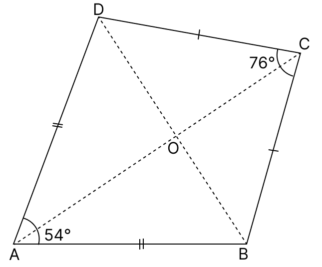 In the given figure, ABCD is a kite whose diagonals intersect at O. If ∠DAB = 54° and ∠BCD = 76°, calculate Quadrilaterals, R.S. Aggarwal Mathematics Solutions ICSE Class 9.