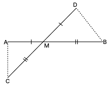 In the given figure, the line segments AB and CD intersect at a point M in such a way that AM = MD and CM = MB. Prove that, AC = BD but AC may not be parallel to BD. R.S. Aggarwal Mathematics Solutions ICSE Class 9.