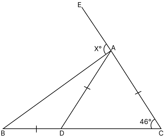 In the given figure, side CA of △ABC has been produced to E. If AC = AD = BD; ∠ACD = 46° and ∠BAE = x°; find the value of x. R.S. Aggarwal Mathematics Solutions ICSE Class 9.