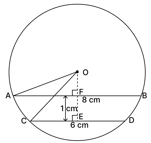 AB and CD are two parallel chords of lengths 8 cm and 6 cm respectively. If they are 1 cm apart and lie on the same side of the centre of the circle, find the radius of the circle. Chord Properties of a Circle, R.S. Aggarwal Mathematics Solutions ICSE Class 9.