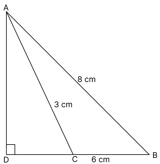 ABD is a right-angled triangle, whose ∠D is the right angle. C is any point on the side BD. If AB = 8 cm, BC = 6 cm and AC = 3 cm, then the length of CD is. Pythagoras Theorem, R.S. Aggarwal Mathematics Solutions ICSE Class 9.