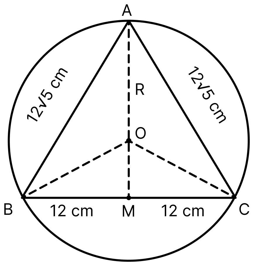 An isosceles △ABC is inscribed in a circle. If AB = AC = 12√(5) cm and BC = 24 cm, find the radius of the circle. Model Test Paper 3, R.S. Aggarwal Mathematics Solutions ICSE Class 9.