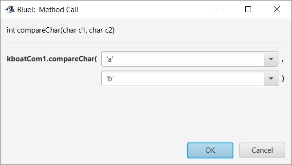 BlueJ output of KboatCompareChar.java
