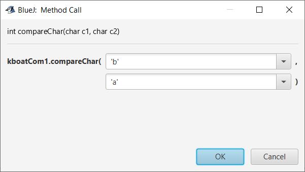 BlueJ output of KboatCompareChar.java