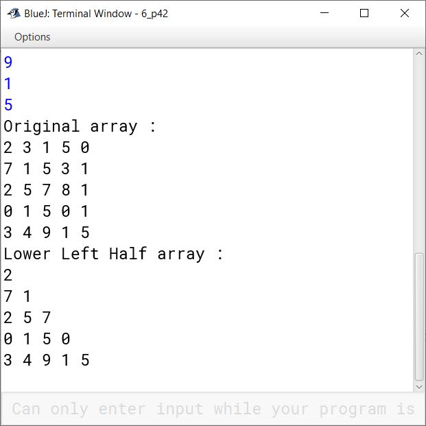 BlueJ output of KboatLowerLeftHalf.java