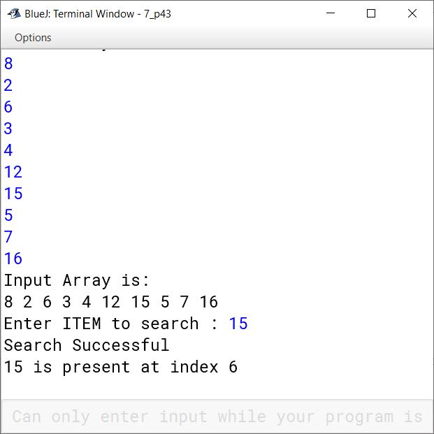 BlueJ output of KboatLinearSearch.java